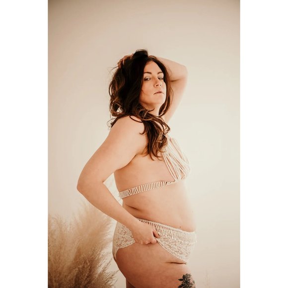 Bridal boudoir handbeaded pearl Stretchy Couture Halter Bikini Plus Size Crop - Picture 5 of 6